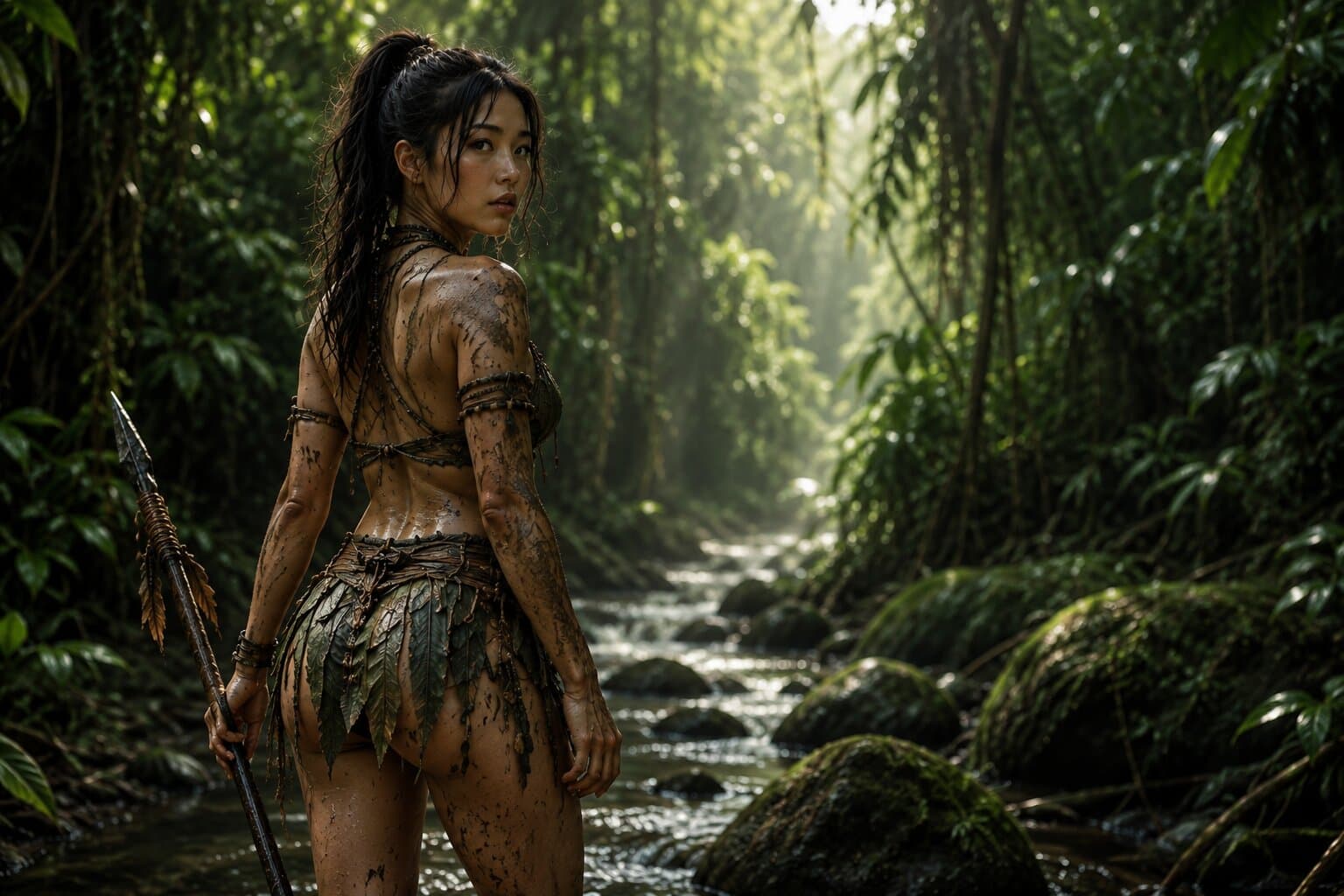 Hana standing in a jungle river scene from The Last Amazon