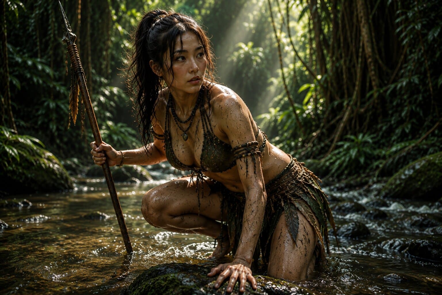 Hana crouching in the rainforest with a spear in The Last Amazon