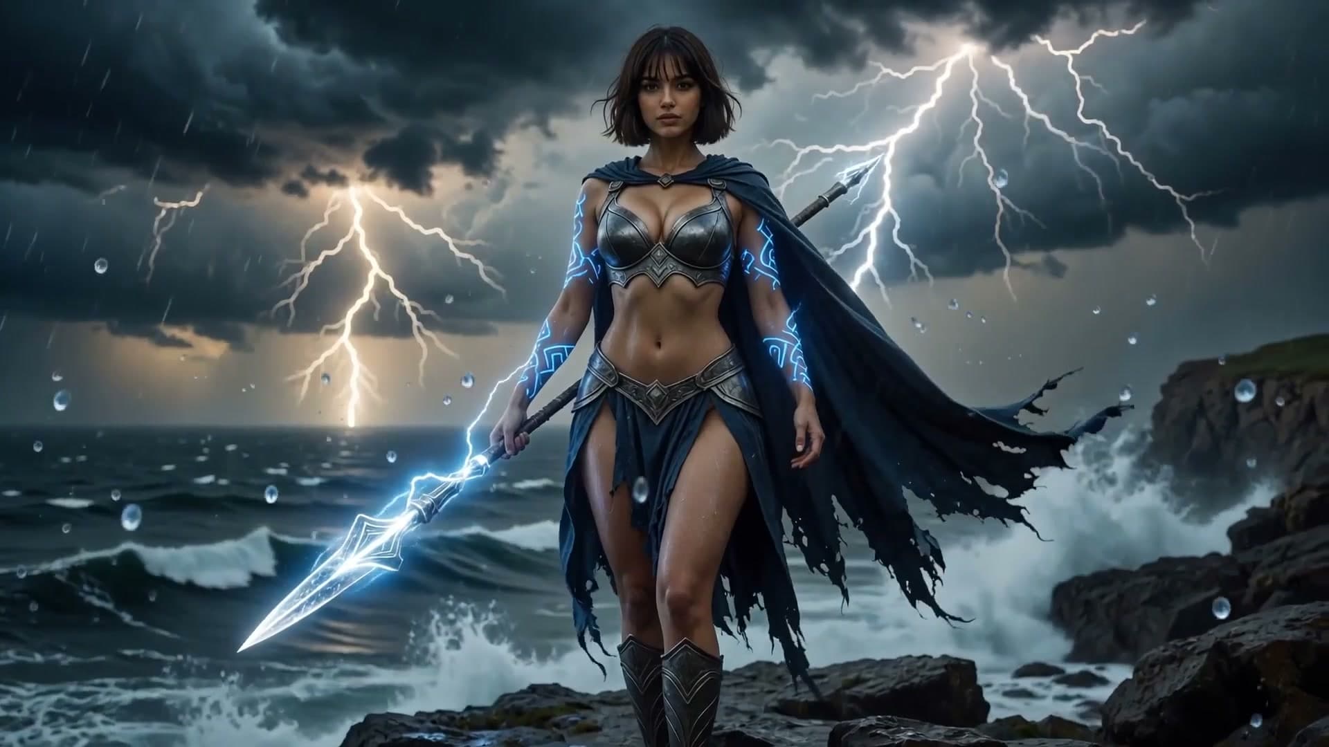 Stormfront still from the Heart of Thunder chapter: a goddess with glowing blue runes holding a lightning spear on a cliff above a storm-dark sea