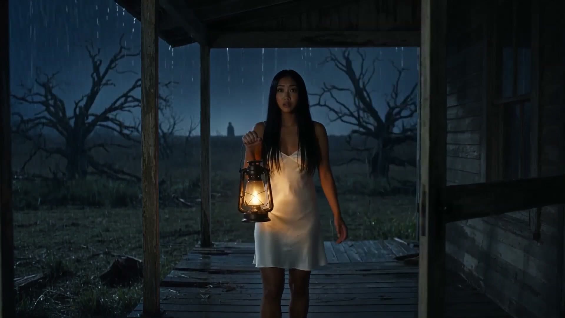 Stormfront still from the Hollow Ground chapter: a young woman holding a lantern on a dark farmhouse porch in the rain, a figure in the tree line behind her