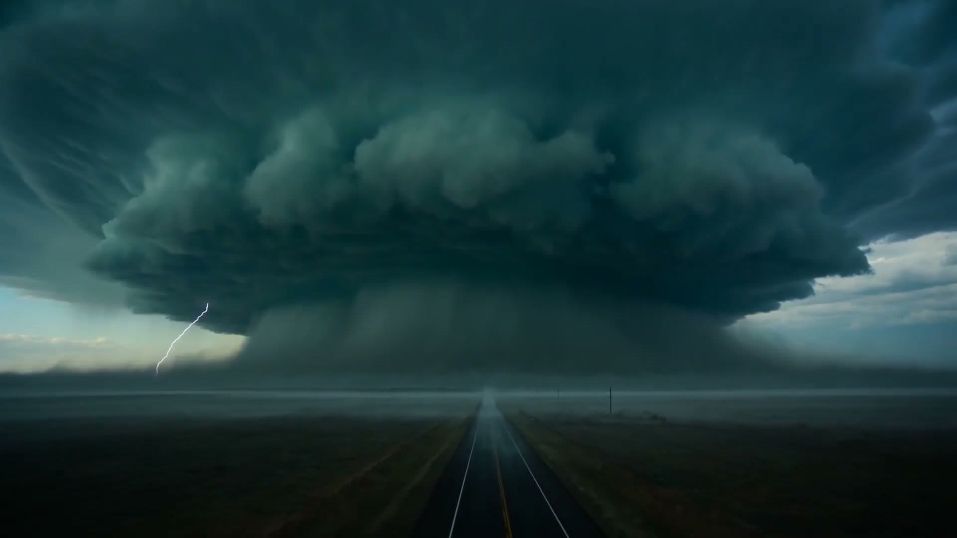 Stormfront still from the Tempest chapter: a supercell storm over a straight plains road, lightning striking at its edge
